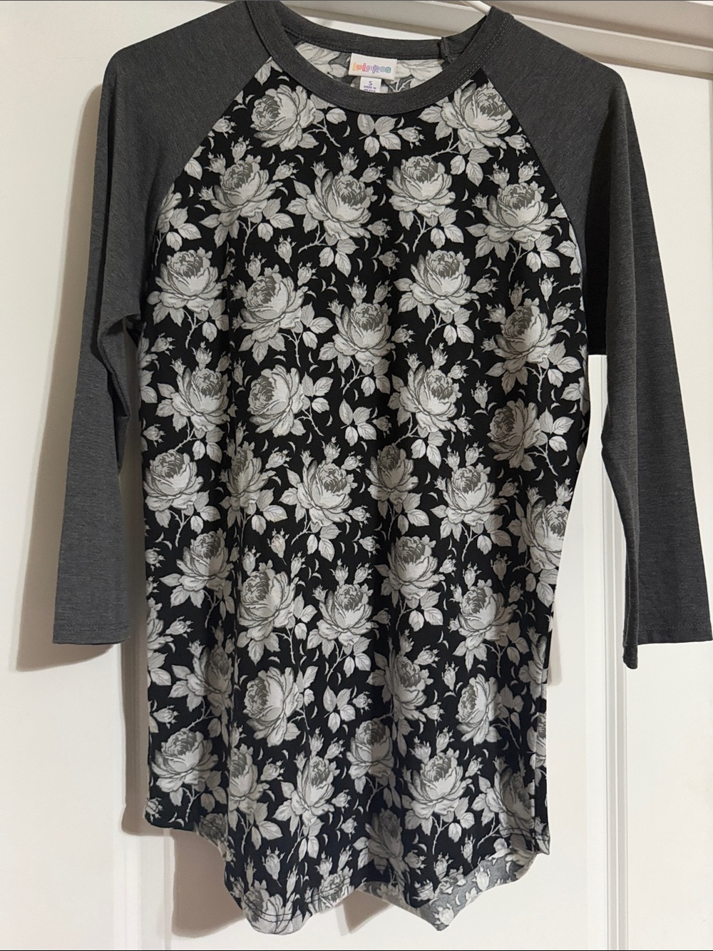 LuLaRoe Randy Floral Print Top with Gray & White Roses and 3/4 Length Sleeves
